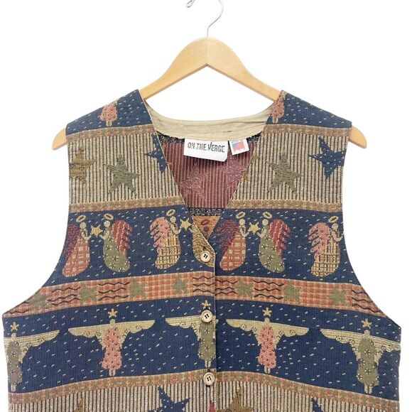 Vintage 90s Tapestry Vest Waistcoat Christmas Folksy Americana Angels Size Large - Picture 7 of 11